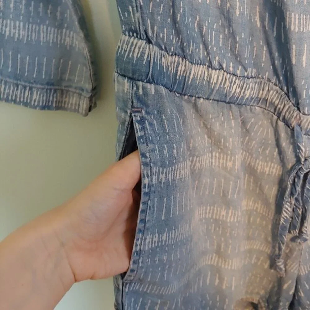 Bella Dahl Blue Chambray Tiki Stripe Off Shoulder Long Sleeve Romper Size Medium
